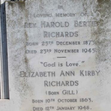 RICHARDS Harold Bertie, Rev. 1875-1945 &amp; Elizabeth Ann Kirby GILL 1863-1948