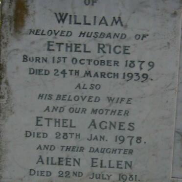 RICE William 1879-1939 &amp; Ethel Agnes -1978 :: RICE Aileen Ellen -1981 :: COMLEY Constance Agnes -1989