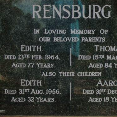 RENSBURG Thomas -1964 &amp;  Edith -1964 :: RENSBURG Edith -1956 :: RENSBURG Aaron -1929