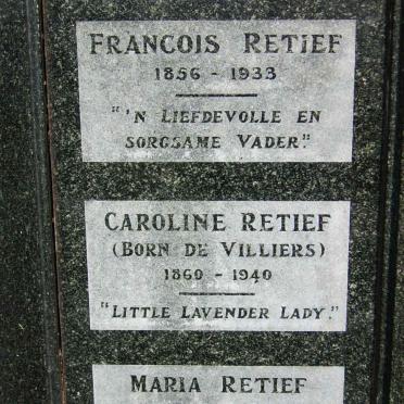 RETIEF Francois 1856-1933 &amp; Caroline DE VILLIERS 1860-1940 :: RETIEF Maria 1885-1885