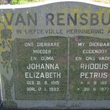 RENSBURG Rhodus Petrus, van 1911-1977 &amp; Johanna Elizabeth 1915-1993