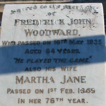 WOODWARD Frederick John -1935 &amp; Martha Jane -1949