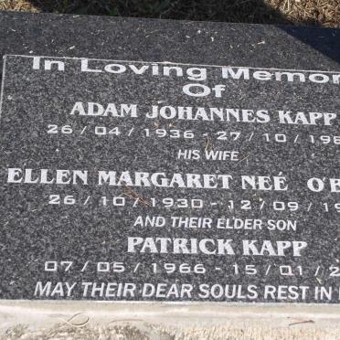 KAPP Adam Johannes 1936-1989 &amp; Ellen Margaret O' BRIEN 1930-1990 :: KAPP Patrick 1966-2008