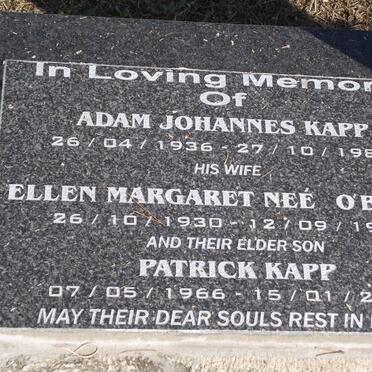 KAPP Adam Johannes 1936-1989 &amp; Ellen Margaret O' BRIEN 1930-1990 :: KAPP Patrick 1966-2008