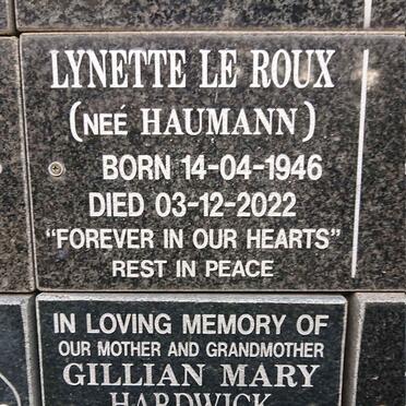 ROUX Lynette, le nee HAUMANN 1946-2022 :: HARDWICK Gillian Mary 1931-2019