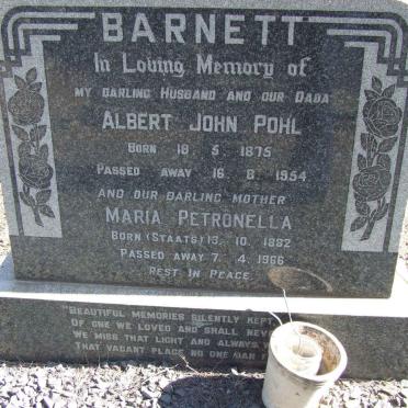 BARNETT Albert John Pohl 1875-1954 &amp; Maria Petronella STAATS 1882-1966