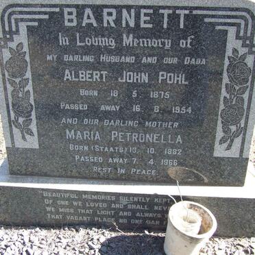BARNETT Albert John Pohl 1875-1954 &amp; Maria Petronella STAATS 1882-1966