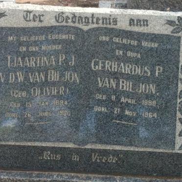 BILJON Gerhardus P., van 1889-1964 &amp; Tjaartina P.J. V.D.W. OLIVIER 1894-1960