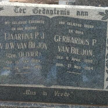 BILJON Gerhardus P., van 1889-1964 &amp; Tjaartina P.J. V.D.W. OLIVIER 1894-1960