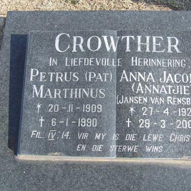 CROWTHER Petrus Marthinus 1909-1990 &amp; Anna Jacoba JANSEN VAN RENBURG 1922-2002