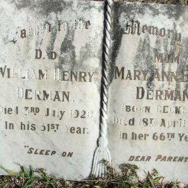 DERMAN William Henry -1920 &amp; Mary Ann Emma BECKLEY -1932
