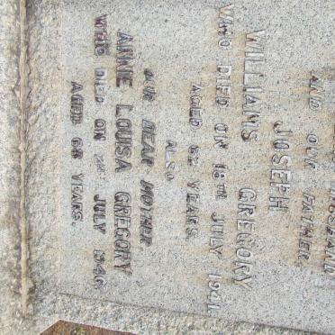 GREGORY Joseph Williams -1941 &amp; Annie Louisa -1946