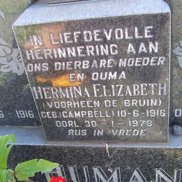 HUMAN Hermina Elizabeth formerly DE BRUIN nee CAMPBELL 1916-1978
