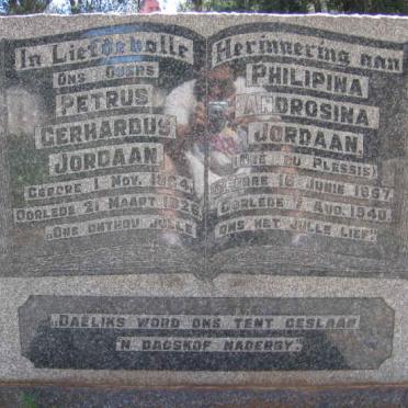JORDAAN Petrus Gerhardus 1864-1926 &amp; Philipina Adrosina DU PLESSIS 1867-1940