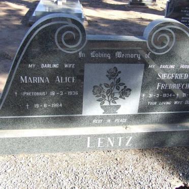 LENTZ Siegfried Frederiech 1934-1991 &amp; Marina Alice  PRETORIUS 1936-1984
