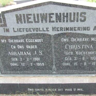 NIEUWENHUIS Abraham J.S. 1901 -1959 &amp; Christina E. KOEKEMOER 1904-1974