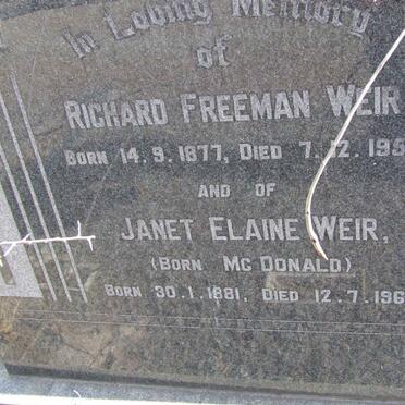 WEIR Richard Freeman 1877-1955 &amp; Janet Elaine McDONALD 1881-1964