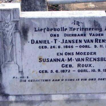 RENSBURG Daniel T., Jansen van 1866-1937 &amp; Susanna M. ROUX 1872-1942
