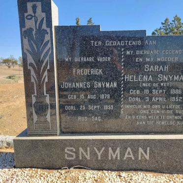 SNYMAN Frederick Johannes 1879-1959 &amp; Sarah Helena DE WET 1886-1952