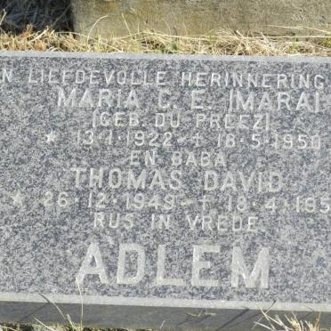 ADLEM Maria C.E. nee DU PREEZ 1922-1950 :: ADLEM Thomas David 1949-1950