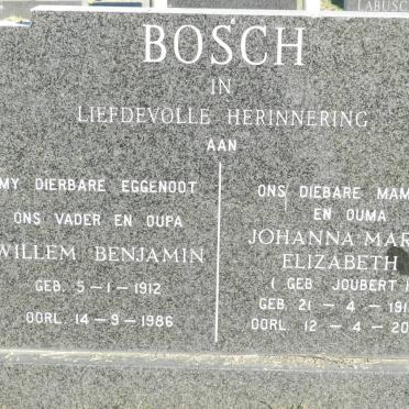 BOSCH Willem Benjamin 1912-1986 &amp; Johanna Maria Elizabeth JOUBERT 1915-2001