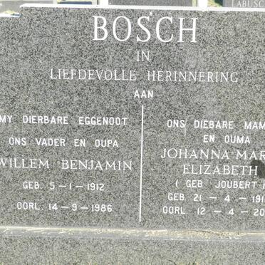 BOSCH Willem Benjamin 1912-1986 &amp; Johanna Maria Elizabeth JOUBERT 1915-2001