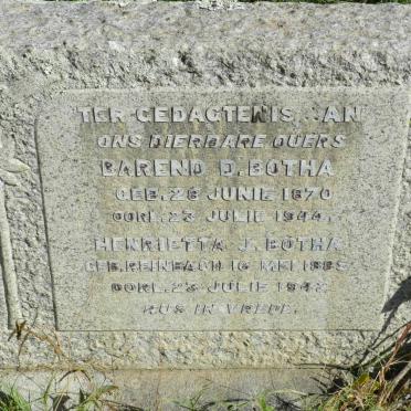 BOTHA Barend D. 1870-1944 &amp; Henrietta J. REINBACH 1885-1942