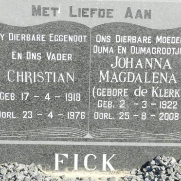 FICK Christian 1918-1976 &amp; Johanna Magdalena DE KLERK 1922-2008