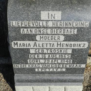 HENDRIKZ Maria Aletta nee TROSKIE 1865-1940