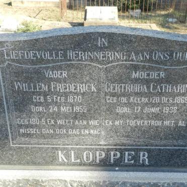 KLOPPER Willem Frederick 1870-1955 &amp; Gertruida Catharina DE KLERK 1869-1938