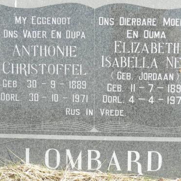 LOMBARD Anthonie Christoffel 1889-1971 &amp; Elizabeth Isabella Nel JORDAAN 1891-1979
