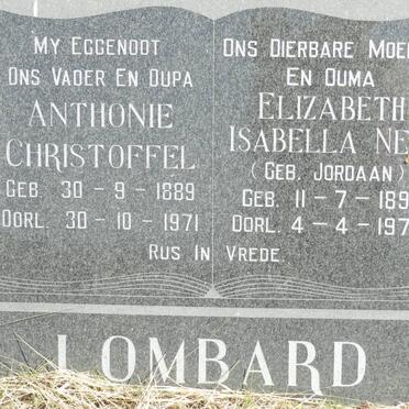 LOMBARD Anthonie Christoffel 1889-1971 &amp; Elizabeth Isabella Nel JORDAAN 1891-1979