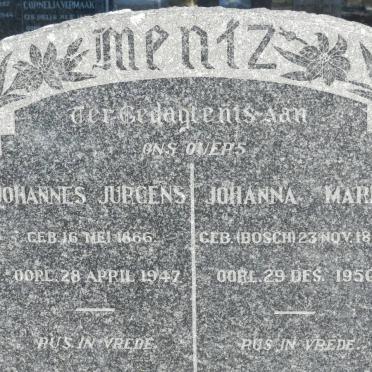 MENTZ Johannes Jurgens 1866-1947 &amp; Johanna Maria BOSCH 1869-1950