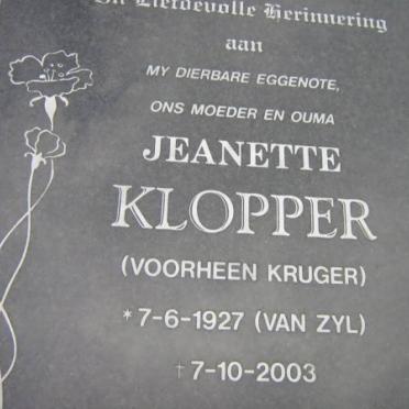 KLOPPER Jeanette, formerly KRUGER, nee VAN ZYL 1927-2003