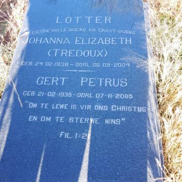 LOTTER Gert Petrus 1935-2005 &amp; Johanna Elizabeth TREDOUX 1938-2004