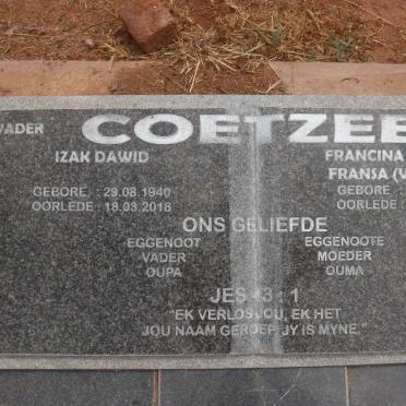 COETZEE Izak Dawid 1940-2018 &amp; Francina Johanna VERMAAK 1945-