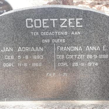 COETZEE Jan Adriaan 1893-1968 &amp; Francina Anna E. COETZEE 1898-1974