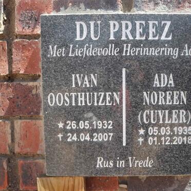 PREEZ Ivan Oosthuizen, du 1932-2007 &amp; Ada Noreen CUYLER 1935-2018