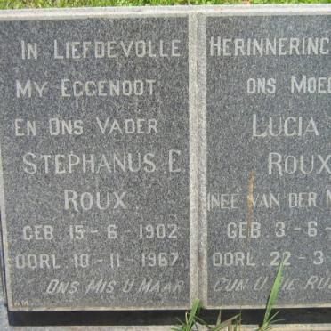 ROUX Stephanus E. 1902-1967 &amp; Lucia S. VAN DER MERWE 1913-1990
