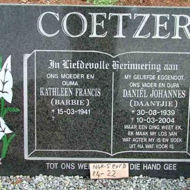 COETZER Daniel Johannes 1939-2004 &amp; Kathleen Francis 1941-