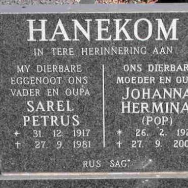 HANEKOM Sarel Petrus 1917-1981 &amp; Johanna Hermina 1926-2000