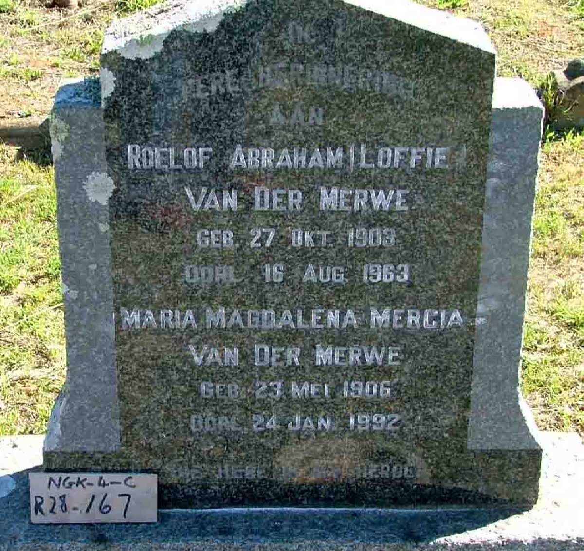 MERWE Roelof Abraham, van der 1903-1963 &amp; Maria Magdalena Mercia 1906-1992