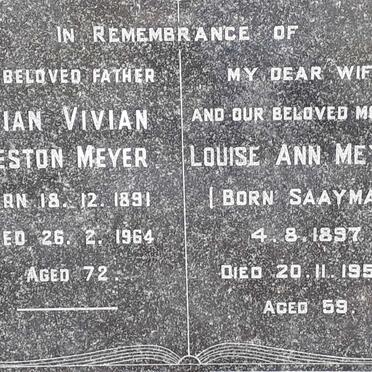 MEYER Brian Vivian Weston 1891-1964 &amp; Louis Ann SAAYMAN 1897-1955