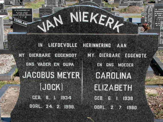 NIEKERK Jacobus Meyer, van 1934-1998 &amp; Carolina Elizabeth 1938-1980