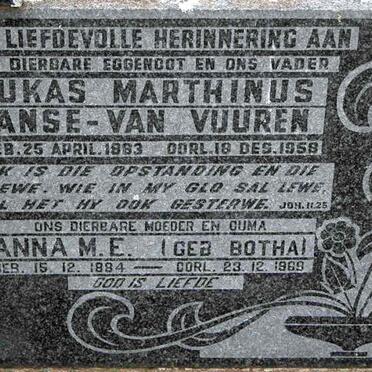 VUUREN Lukas Marthinus, Janse van 1883-1958 &amp; Anna M.E. BOTHA 1884-1969