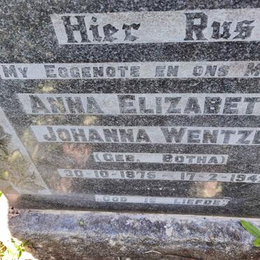 WENTZEL Anna Elizabetha Johanna nee BOTHA 1875-1942