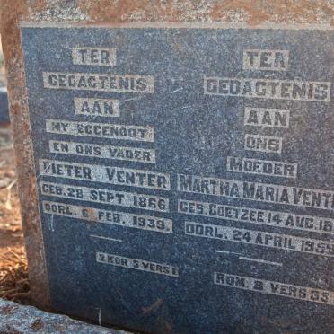 VENTER Pieter 1866-1939 &amp; Martha Maria COETZEE 1865-1959