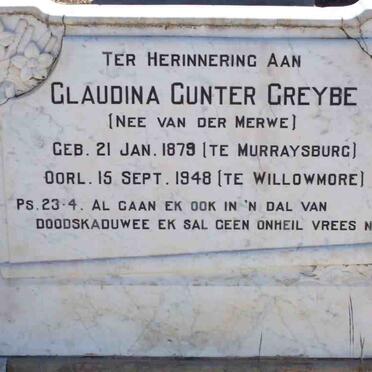 GREYBE Claudina Gunter nee VAN DER MERWE 1879-1948