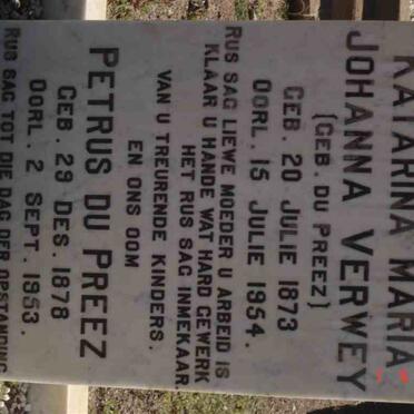 PREEZ Petrus, du 1878-1853 :: VERWEY Katarina Maria nee DU PREEZ 1873-1954