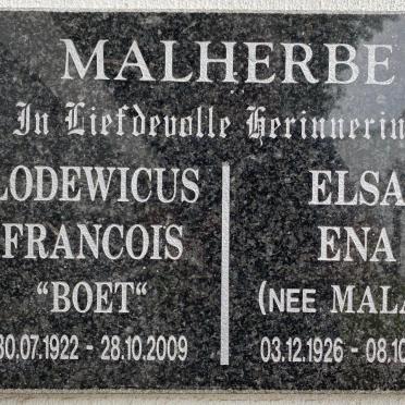 MALHERBE Lodewicus Francois 1922-2009 &amp; Elsa Ena MALAN 1926-2016